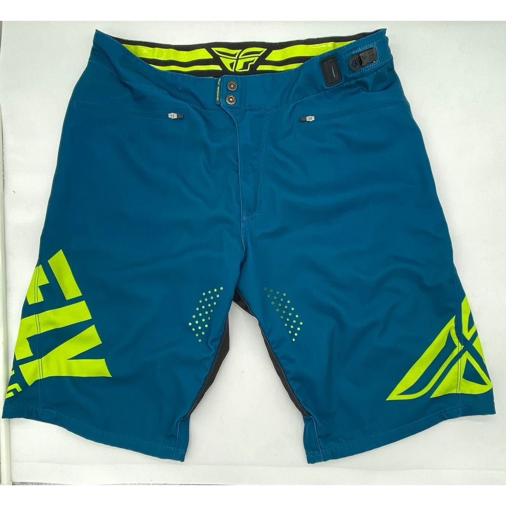 Fly Racing Radium Motocross MTB Cycling Shorts Teal‎ Yellow Logo Pockets Size 34